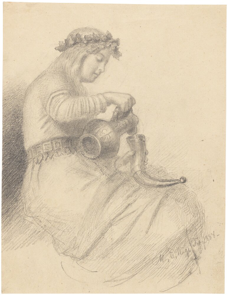 Drawing of a Norse woman wearing a wreath pouring drink from a pitcher into a drinking horn