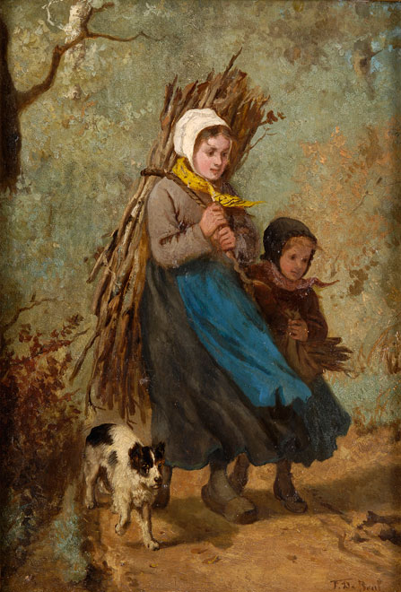 painting of two children carrying a bundle of firewood