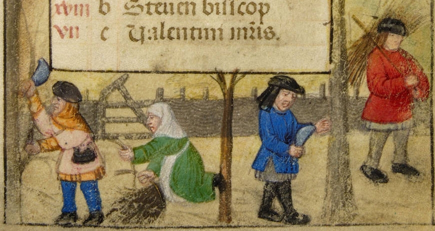 a mediaeval manuscript showing three men and a woman using billhooks to cut and tie bundles of firewood