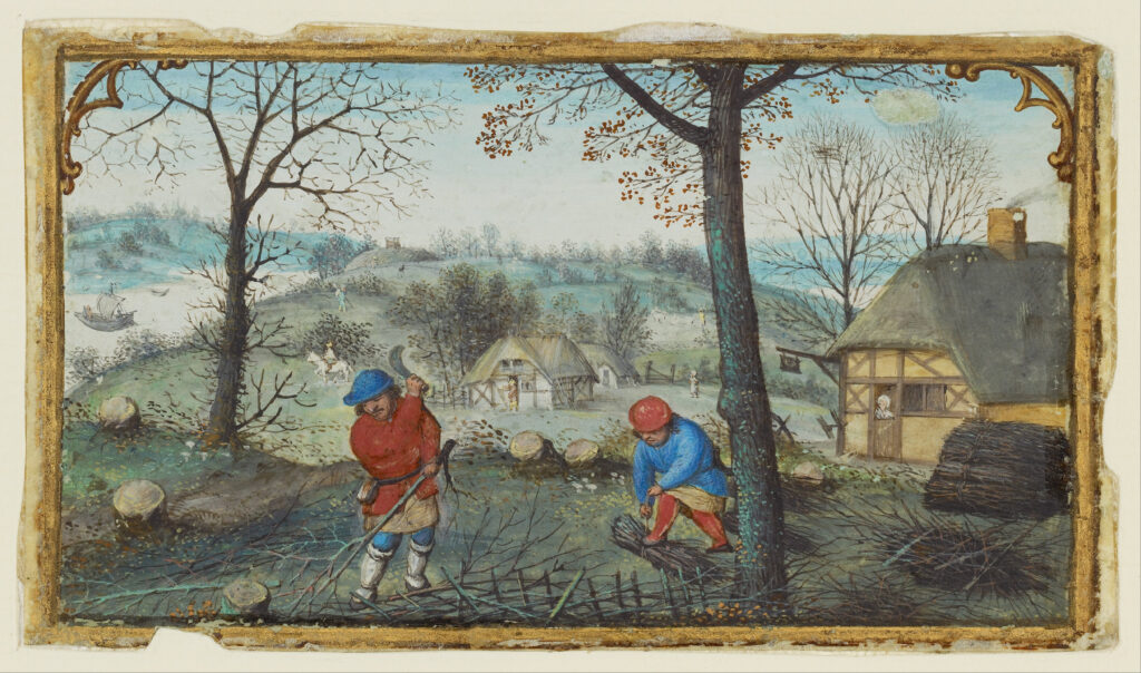 a medieval painting showing two men using billhooks to cut and bundle wood with a cottage in the background